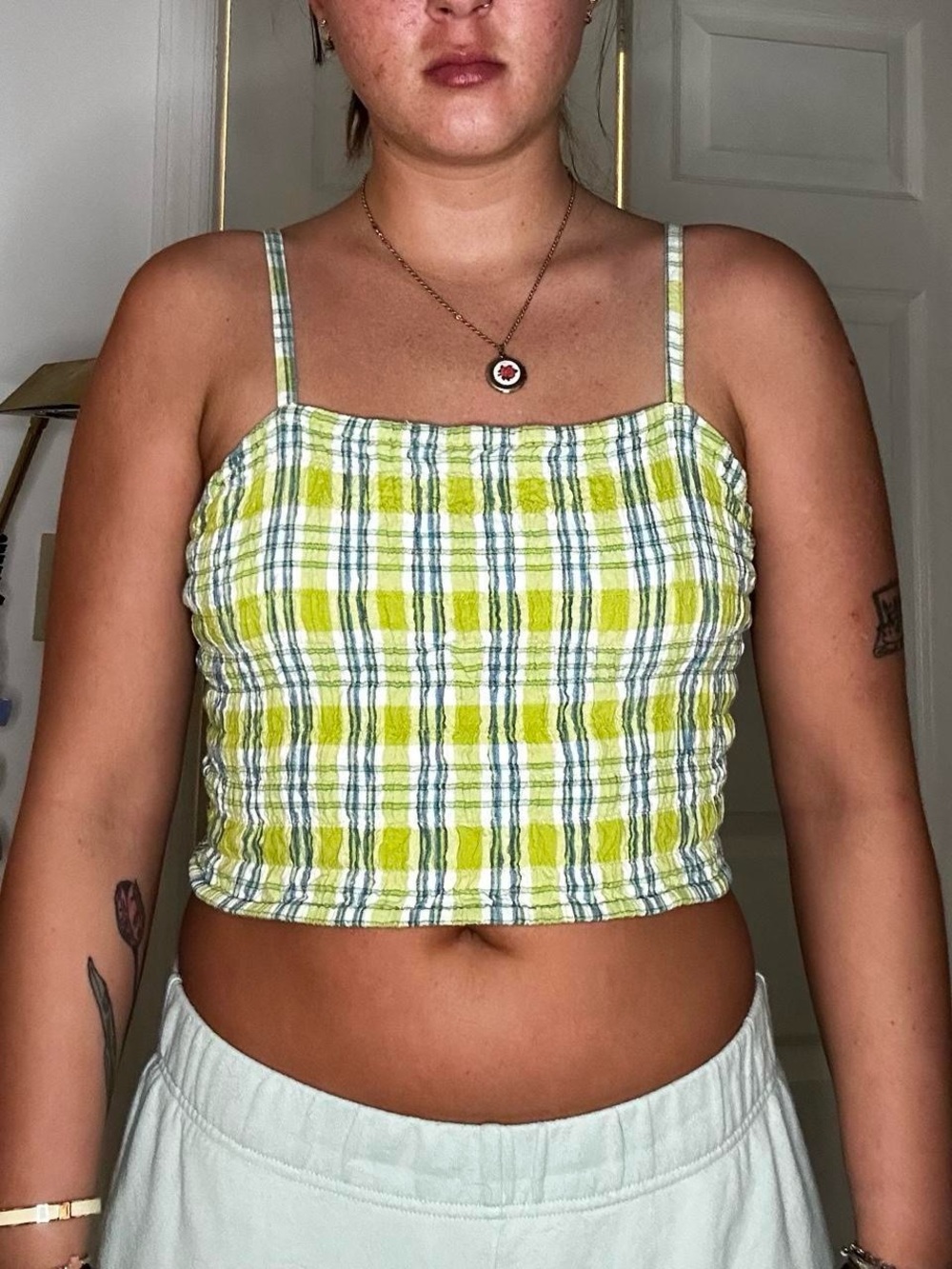 Vintage Green Plaid Cropped Tank Top - Lightweight Women’s Summer Top